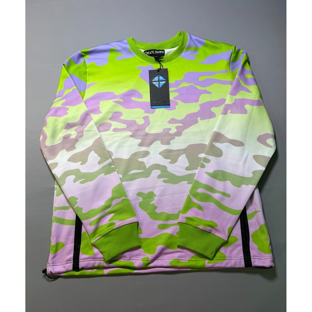 NWT Create 2MRW Crew Neck Sweatshirt Men XL Lime Camo Long Sleeve w/ Ribbed Hems